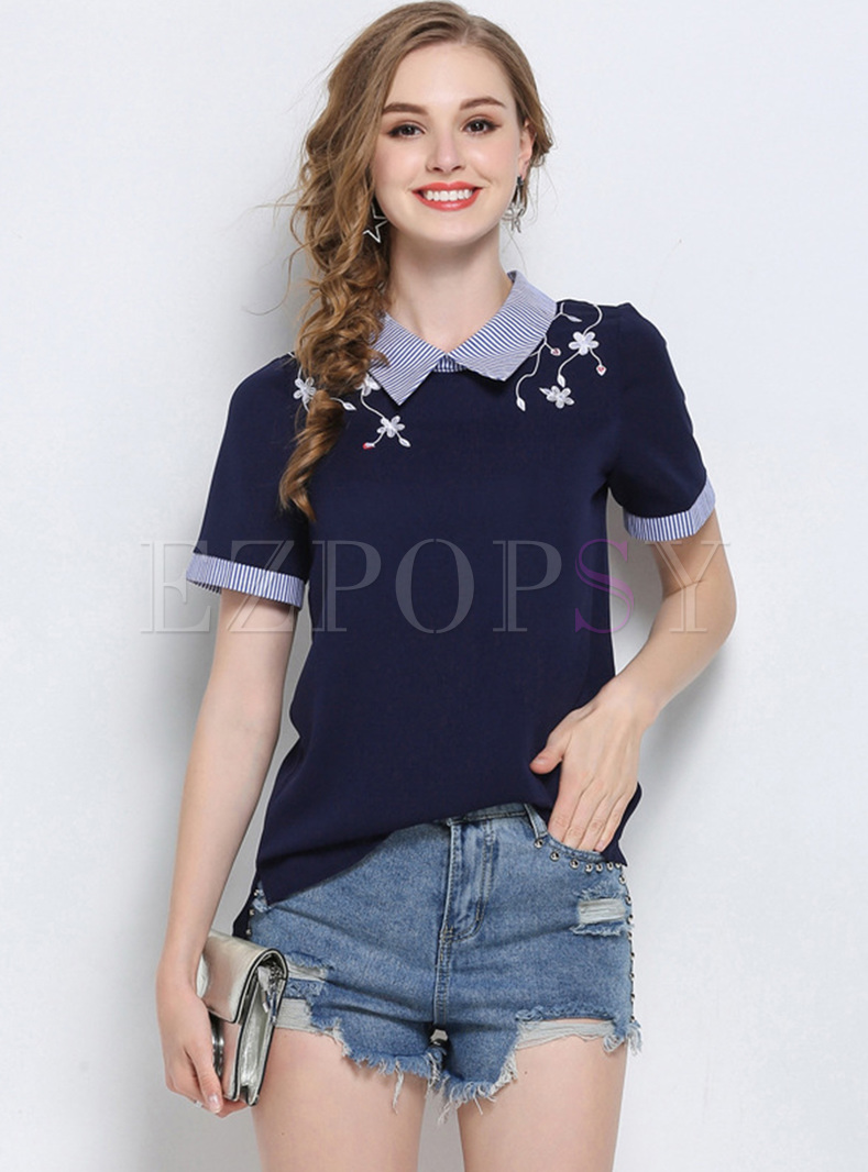 Brief Lapel Embroidery Blouse